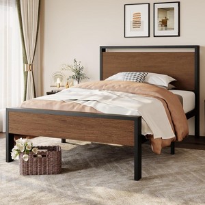 Twin Size Metal Platform Bed Frame with Wooden Headboard and Footboard, Mattress Foundation, No Box Spring Needed - 1 of 4