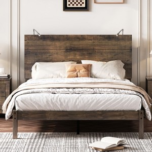 CAVINAS Full/Queen Size Farmhouse Wood Platform Bed Frame with Headboard & Bedside Lights,No Box Spring Needed - 1 of 4