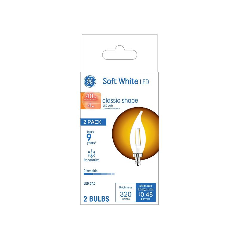 GE 2pk 4 Watts Soft White Candelabra Base LED Decorative Light Bulbs, 1 of 7