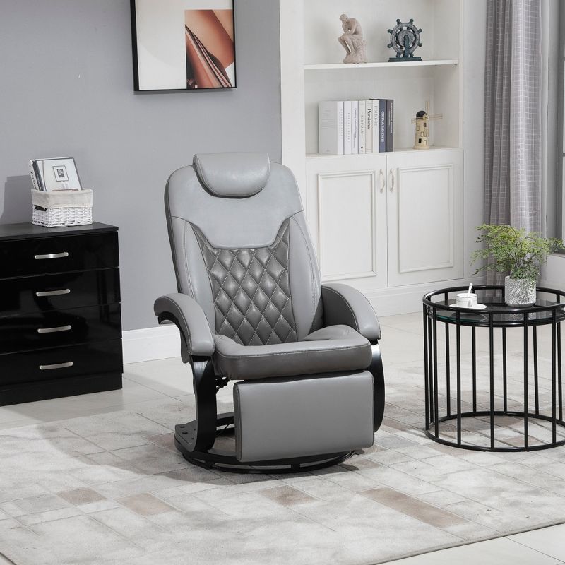 HOMCOM PU Recliner Reading Armchair with Footrest, Headrest and Round Steel/Wood Base for Living Room or Office, Gray, 3 of 9