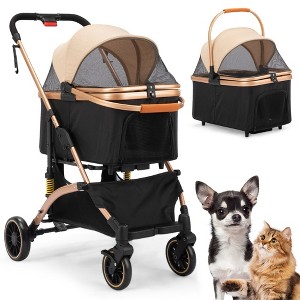 Sandinrayli 3-In-1 Folding Pet Stroller, Dog Cat Traveling Stroller w/ Detachable Carrier, 4 Wheels, Black and Golden - 1 of 4