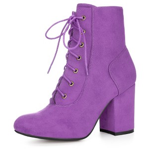 Allegra K Women's Lace Up Quilted Side Zip Soft Lining Chunky Heel Ankle Booties - 1 of 4