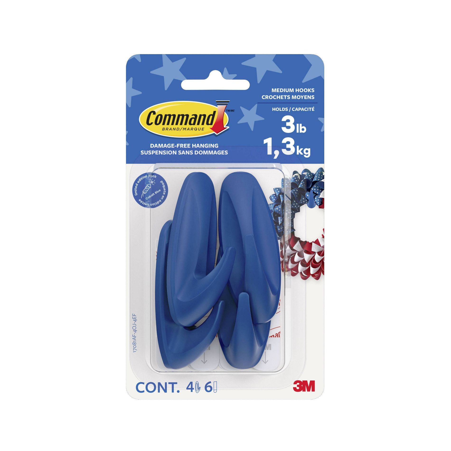 Command 4pk Damage-Free Hanging Medium Designer Hooks with 6 Adhesive Strips Cobalt Blue