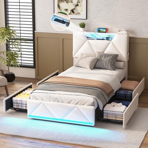 Bed Frame with Storage Headboard, 4 Drawers, Charging Station and Led Lights - 1 of 4