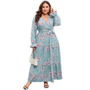 Plus Size Women's V Neck Long Sleeve Maxi Dress with Belt Flowy Elegant Floor Length Dress - 1 of 4