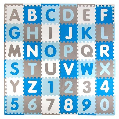 Tadpoles Foam Playmats for Kids, 36 Interlocking Tiles Teach the ABCs & Numbers 0-9, Total Floor Coverage 74 x 74 For Ages 3 & Up - Blue/Grey