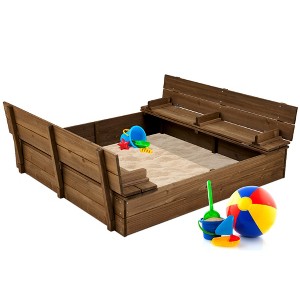 Best Choice Products 47x47-Inch Kids Wooden Outdoor Sandbox w/ 2 Foldable Bench Seats, Sand Protection, Liner - 1 of 4