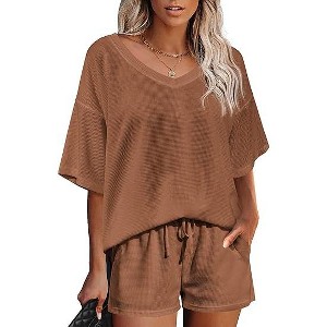 Ekouaer Womens 2 Piece Short Sleeve Waffle Knit V Neck Off Shoulder Casual Loose Fit Sweatsuit Outfits - 1 of 4