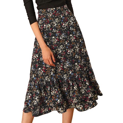 Midi Skirts for Women Floral Printed Midi Skirt High Waisted A Line Skirt  Elastic Waist Skirt Pleated Skirts Midi