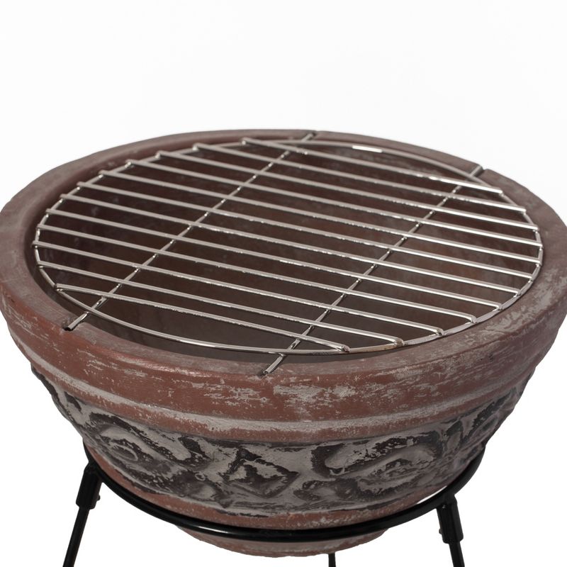 Vintiquewise Outdoor Small Red and Grey Grill Clay Fire Pit and Accent Design and Metal Stand, 6 of 9