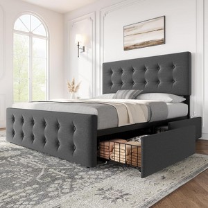 COZONY Full, Queen, or King Linen / PU Upholstered Platform Bed Frame with 4 Storage Drawers, Adjustable Headboard, Wood Slats, No Box Spring Needed - 1 of 4