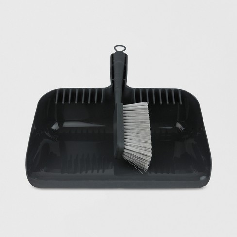 Beech Wood Broom & Standing Metal Dust Pan, Natural & Black