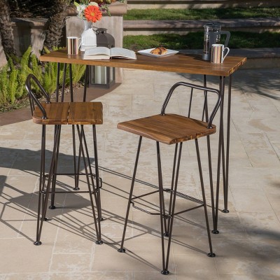 Denali 3pc Acacia Wood Industrial Patio Bar Set - Teak - Christopher Knight Home