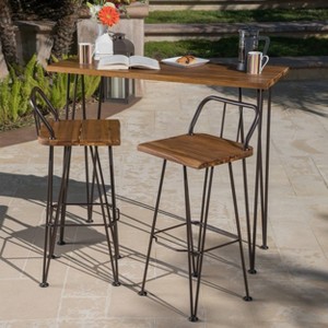 Denali 3pc Acacia Wood Industrial Patio Bar Set - Teak - Christopher Knight Home: Weather-Resistant, Rustic Finish - 1 of 4