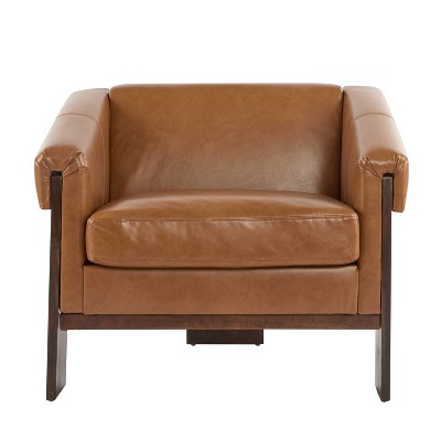 Lirago,Mid-Century Modern Accent Chair with Brown PU Leather-Deep Cushions, Wide Armrests & Solid Wood Frame