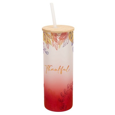 Elanze Designs Thankful Pastel Watercolor Autumn Leaves Wrap-Around Design 25 Ounce Frosted Gradient Glass On-The-Go Coffee Travel Skinny Tumbler Mug