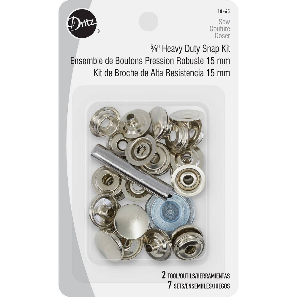 Dritz 5/8" 7ct Heavy Duty Snap Kit Nickel Plated Brass: Sewing Fasteners, Silver, Brass, 4.75" Length, 7 Pieces