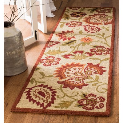 Ivory and Red Floral Wool Runner Rug