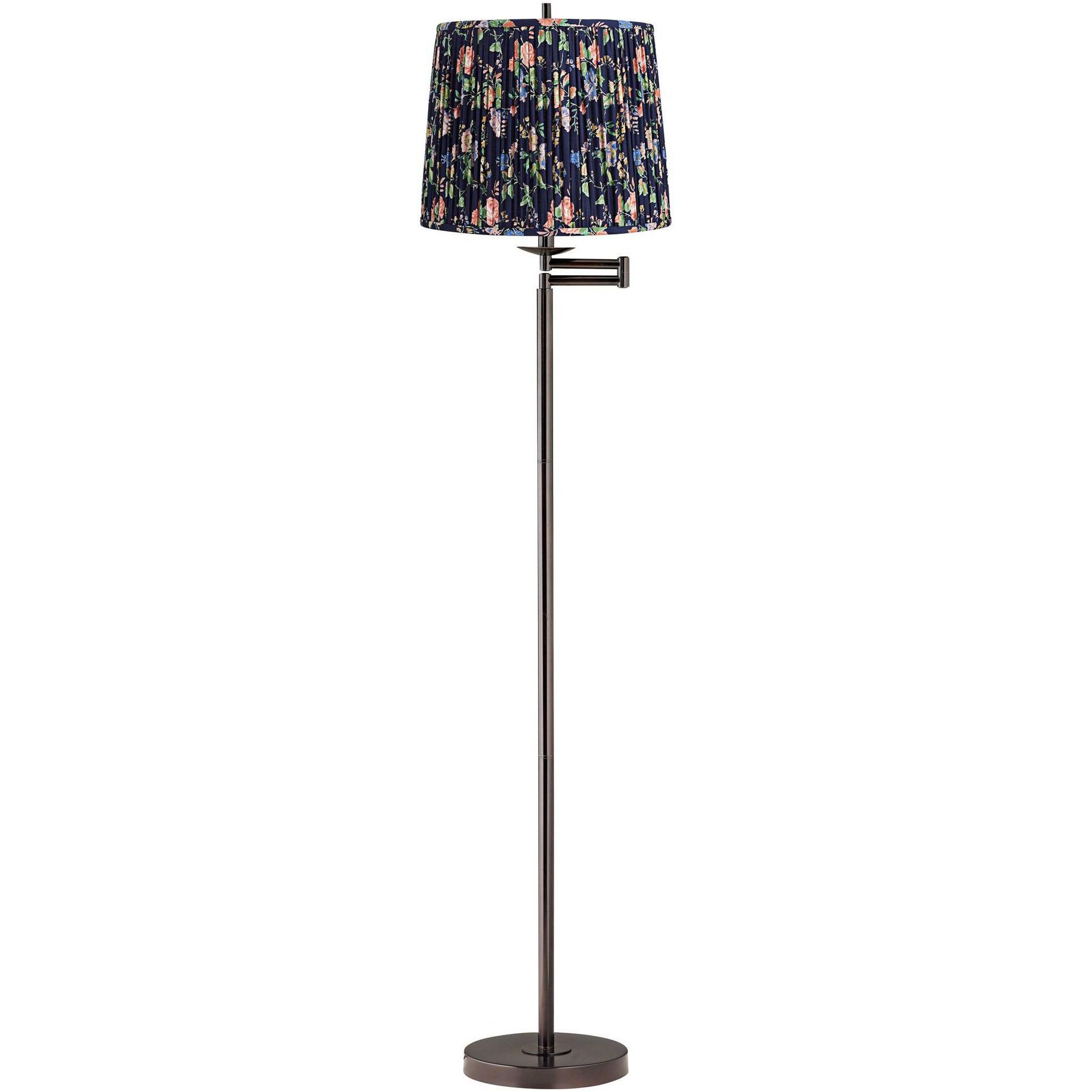 Regency Hill Gabrielle Modern 60 1/2" Tall Standing Floor Lamp Skinny Swing Arm Adjustable Brown Metal Bronze Finish Pleated Navy Blue Shade