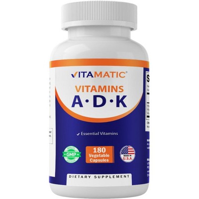 ADK Vitamin Supplement, 180 Veg Capsules (Vitamins A, D3, K2)