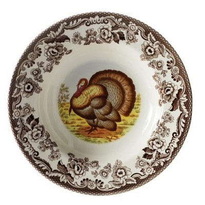 Spode Woodland Turkey Soup Plate - 9" Fine Earthenware Bowl with British Flowers Border, Versatile - Dishwasher, Microwave, Oven & Freezer Safe