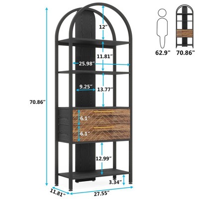 Resenkos Bookshelf, Bookcase Standing Shelf Unts,4-Tier Bookshelf, Industrial Bookcase with 2 Drawers & LED Light Black