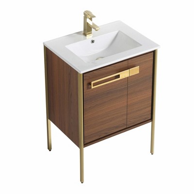 24" Walnut Ebony Bathroom Vanity with White Ceramic Sink