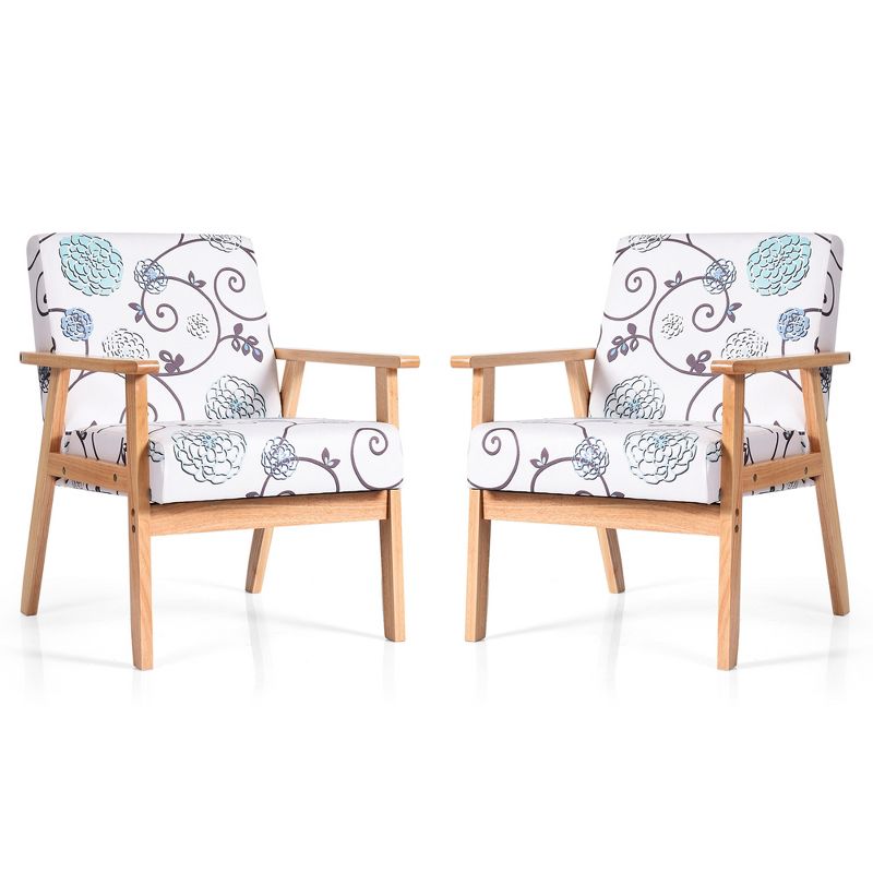 Costway 2PCS Accent Armchair Upholstered Chair Home Office w/ Wooden Frame White/Blue/Yellow, 5 of 11