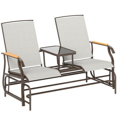 Outsunny Outdoor 2-Person Glider Bench with Table, Outside Breathable Mesh Swing Chair for Patio, Garden, Backyard, Porch