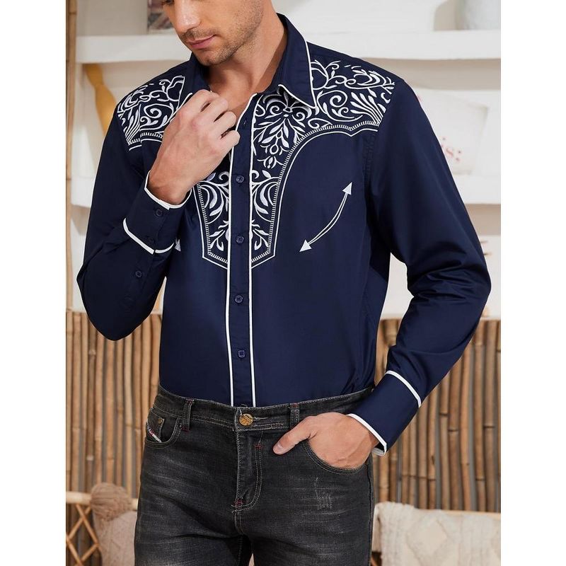 Men's Casual Western Embroidered Cowboy Shirts Button Up Long Sleeve Shirt Floral Design Retro Shirt, 5 of 7
