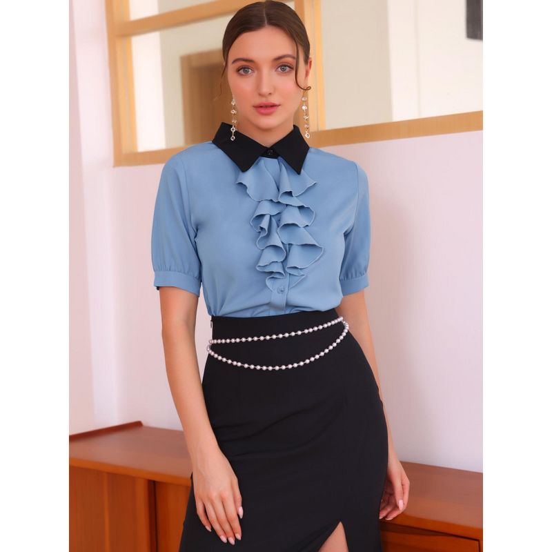 Allegra K Women's Contrast Collar Tie Ruffle Front Button Short Sleeve Work Shirt, 3 of 6