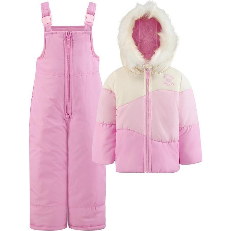 LONDON FOG Girl's Heavyweight 2-Piece Puffer Coat & Snow Bib Snowsuit Set, Pink, 2T