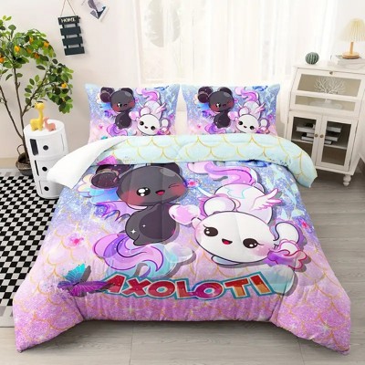 Acoinel 3 Pcs Rainbow Axolotl Comforter Set with 2 Pillowcases