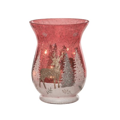 Transpac Glass 7.87 in. Multicolor Christmas Light Up Mystic Forest Hurricane