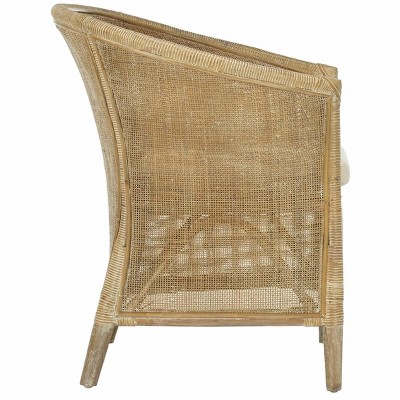 Transitional Whitewashed Rattan Armchair with Off-White Linen Cushion