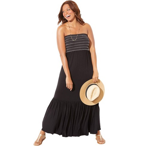 Swimsuits for All Women’s Plus Size Karlie Smocked Bandeau Maxi Dress Cover  Up, 6/8 - Black