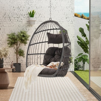Outdoor Garden Rattan Egg Swing Chair,Hammock Chair With Waterproof Fabric Cushion And Metal Frame,Patio Lounge Hanging Chair-Coolbibila