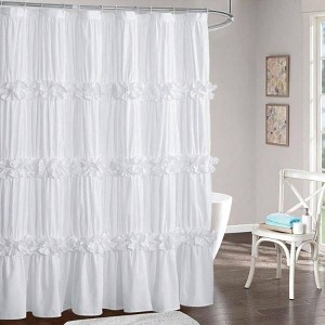 Ruffle Shower Curtain, Ruched Microfiber Vintage Bow Tie Bath Curtain with 12 Buttonholes, 72 Wx 72 H, White - 1 of 4