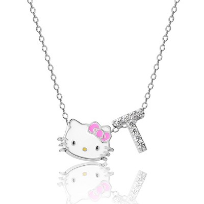 Sanrio Hello Kitty Enamel Pink Cubic Zirconia Necklace - 18 Chain, Authentic Officially Licensed - White, Pink