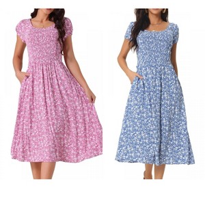 Seta T Women's Casual Floral Crew Neck Cap Sleeve Boho Flowy Midi Dress with Pockets 2 Packs - 1 of 4