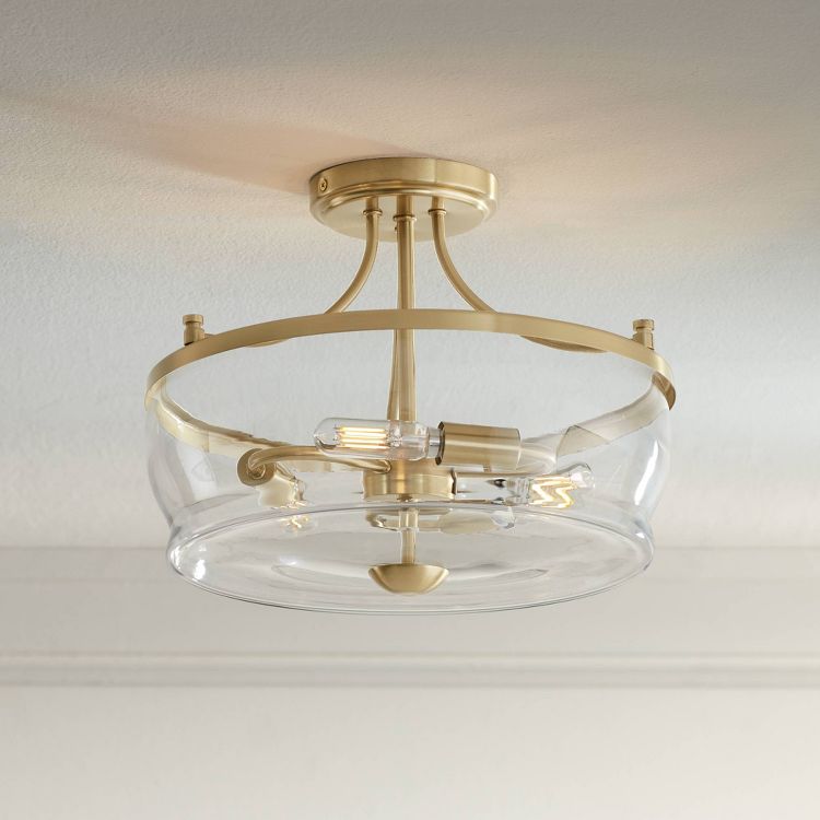 Possini Euro Design Alia Modern Ceiling Light Semi Flush Mount Fixture 14" Wide Warm Brass 3-Light Clear Glass Shade for Bedroom Living Room Hallway, 2 of 8