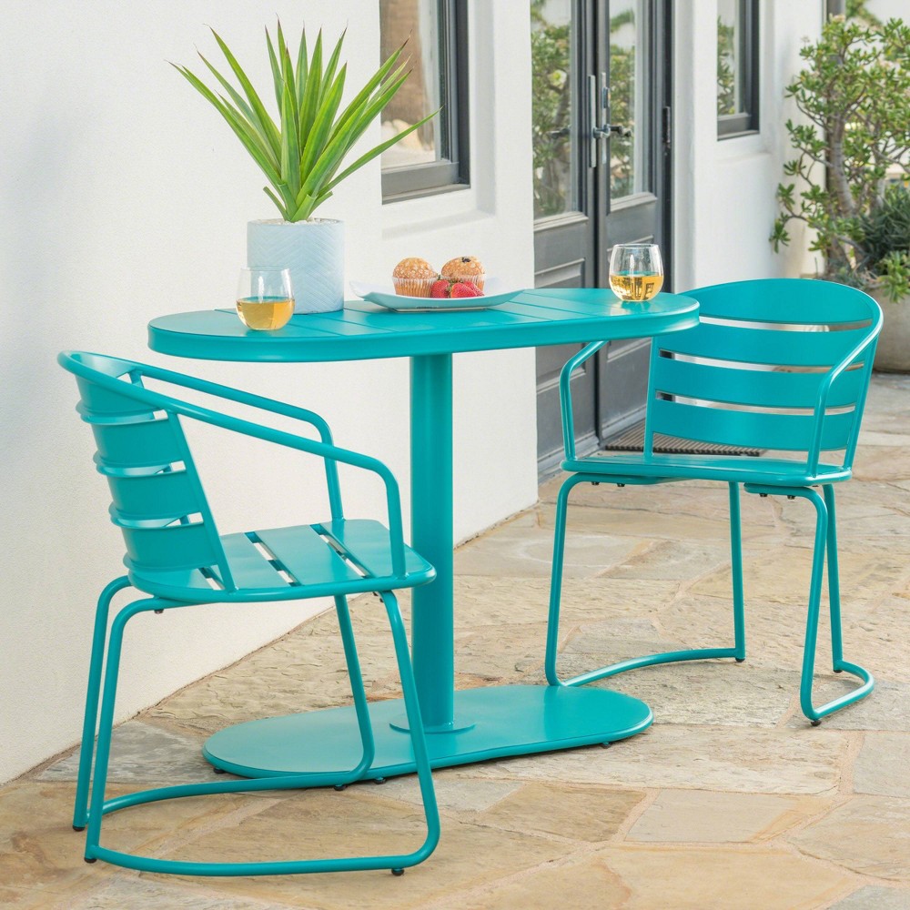 Photos - Dining Table Santa Monica 3pc Iron Patio Bistro Set - Matte Teal - Christopher Knight H