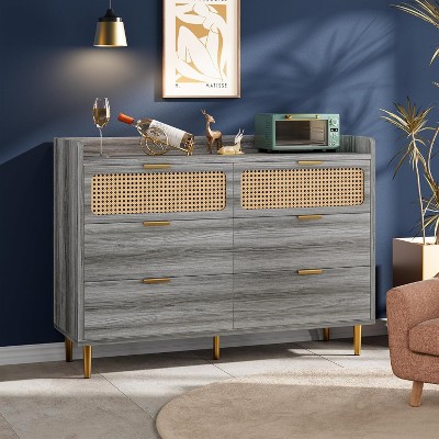 Whizmax 6 Drawer Rattan Dresser, Narrow Wicker Chest of Drawer with Railed Edge, Metal Legs, Gold Handles, Wooden Storage Dresser for Bedroom,Nursery