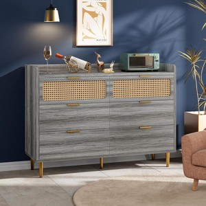 Whizmax 6 Drawer Rattan Dresser, Narrow Wicker Chest of Drawer with Railed Edge, Metal Legs, Gold Handles, Wooden Storage Dresser for Bedroom,Nursery - 1 of 4