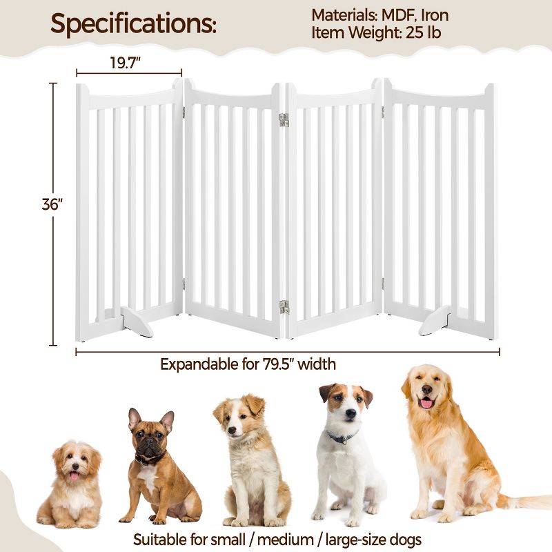 Yaheetech 36"Tall Freestanding Wooden Fence Foldable Pet Gate, White, 4 of 8