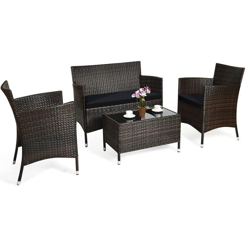 Costway 4PCS Rattan Patio Furniture Set Cushioned Sofa Chair Coffee Table, 3 of 11