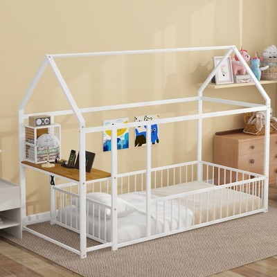CAVINAS Twin/Full Size House Bed Frame with Shelves & Desk,Metal Floor Bed for Kids Room,Bedroom