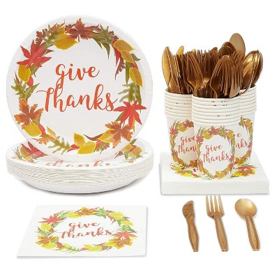 Sparkle and Bash 144 Piece Give Thanks Disposable Party Supplies Serves 24 - Plate, Napkin, Cup & Cutlery