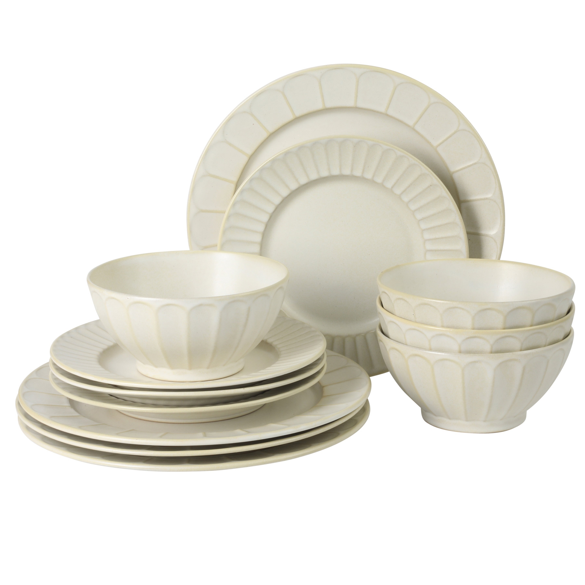 Gibson Elite Winchester Way 12-Piece Embossed Stoneware Reactive Dinnerware Set – Off White