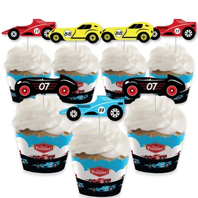 Big Dot of Happiness Let's Go Racing - Racecar - Cupcake Decoration - Birthday Party or Baby Shower Cupcake Wrappers and Treat Picks Kit - Set of 24